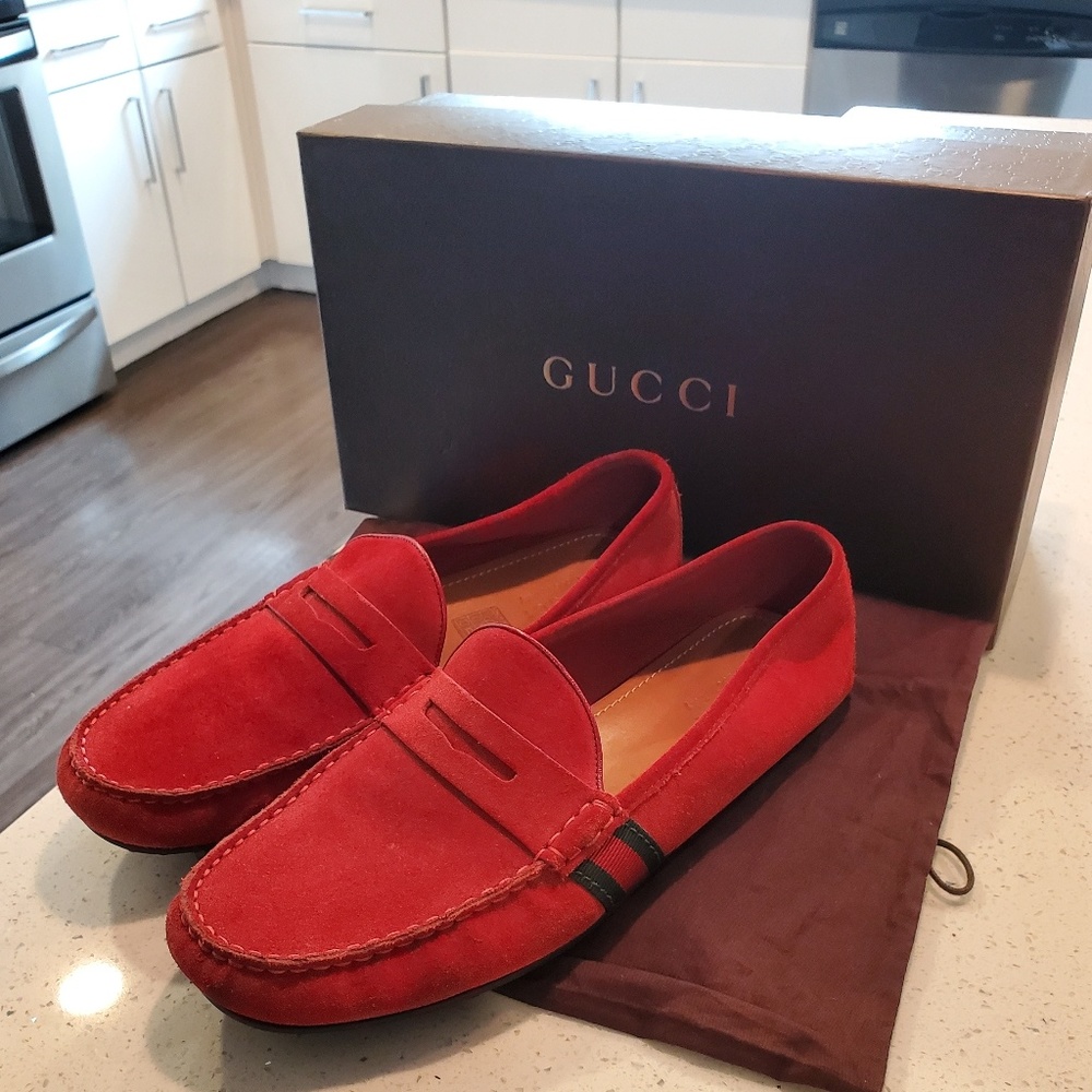 Red Gucci Mens Suede Drivers 11.5